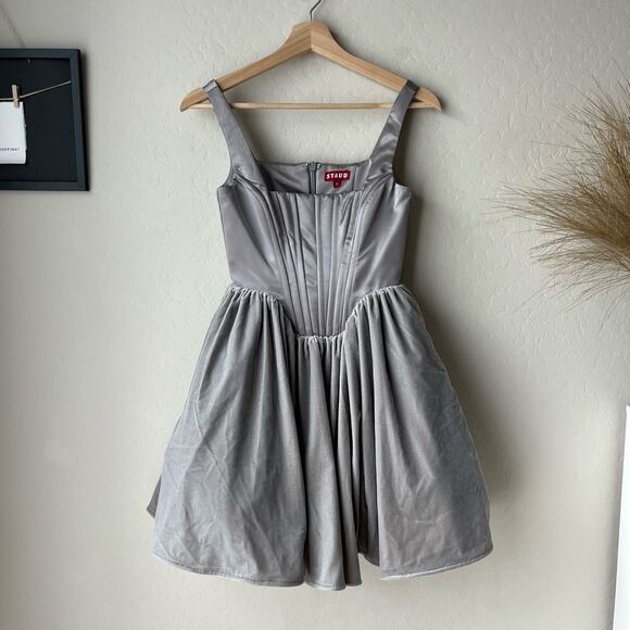 Staud Dress Landscape Silver Square‎ Neck Corset Velvet Satin Mini Dress Size 0 - Picture 2 of 9